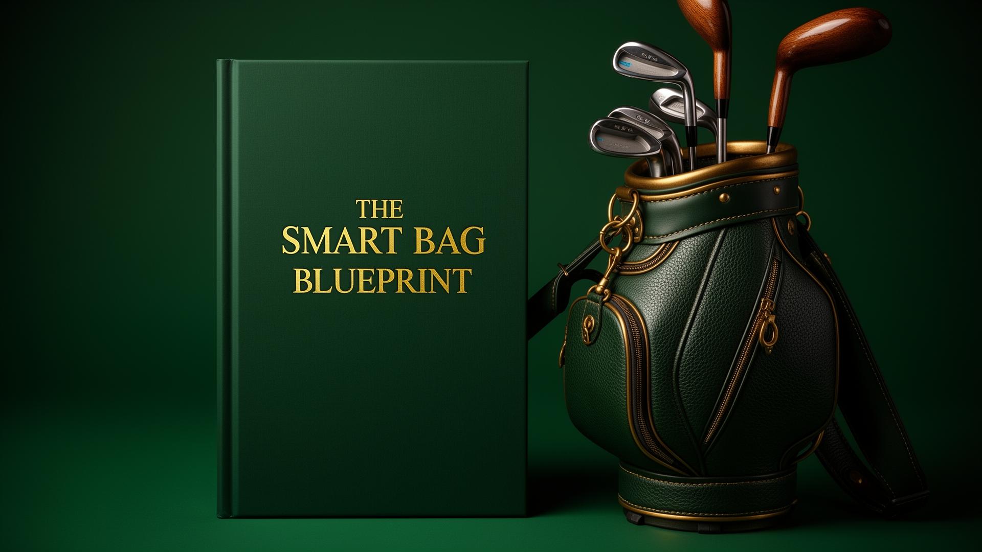 The Smart Bag Blueprint book displayed beside a premium leather golf bag