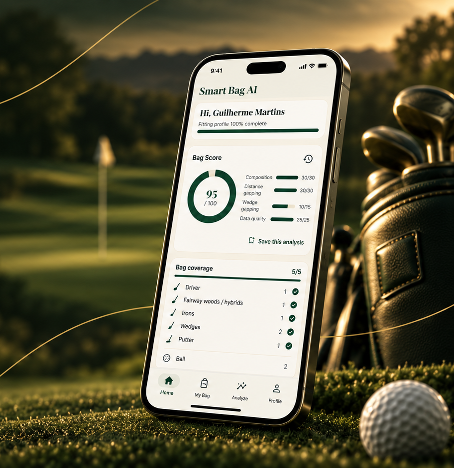 Smart Bag AI app dashboard on an iPhone beside a golf bag on a golf course at golden hour